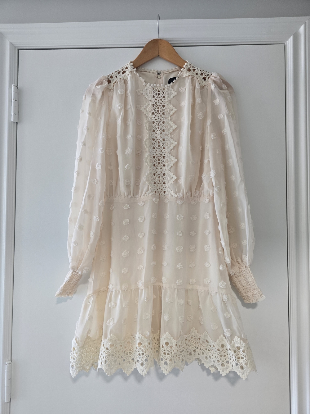 Delicate Cream Lace-Trim Long Sleeve Dress
